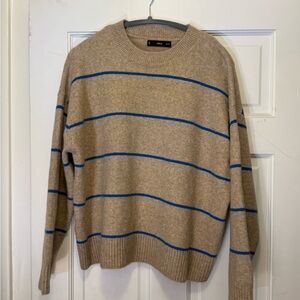 Mango Tan Crewneck Sweater with Blue Accents